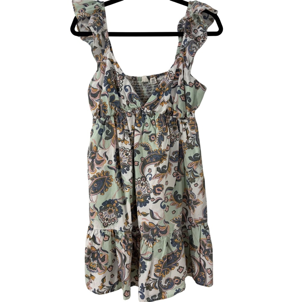 Roxy Paisley‎ Floral Ruffle Mini Dress Mint Green Smocked Back Size M Flirty